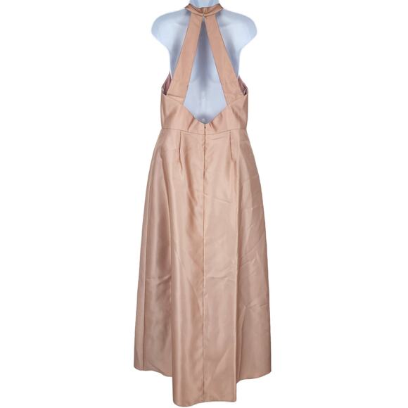 Alfred Sung D772 Toasted Sugar High Neck Cutout Back Satin Pockets Maxi Dress 2 - Picture 3 of 7